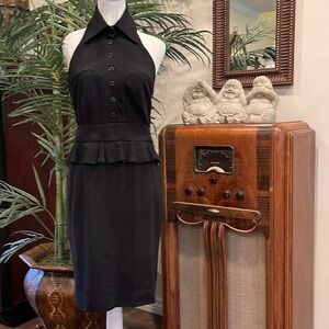 BEBE size 10 black gorgeous halter sleeveless dress with side zipper kick pleat